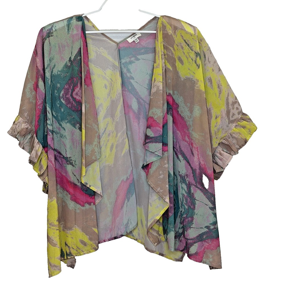 Umgee Kimono Top Size‎ S/M Watercolor Waterfall Open Front Short Ruffle Sleeve
